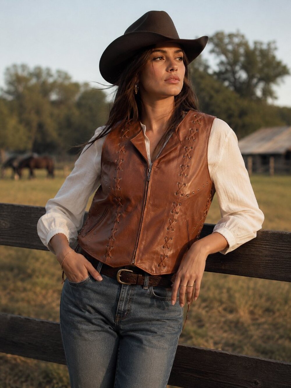 Boho Western Leather Studded Vest Daniel Smart XL Brown Lace-Up NWT